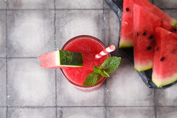 Glass Tasty Watermelon Juice Mint Grey Tile Table — Stock Photo, Image