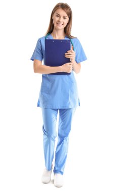 Female medical assistant with clipboard on white background