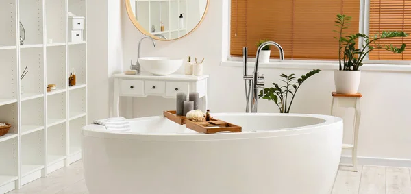 Interior Moderna Casa Banho Com Banheira Unidade Estantes Plantas Sala — Fotografia de Stock