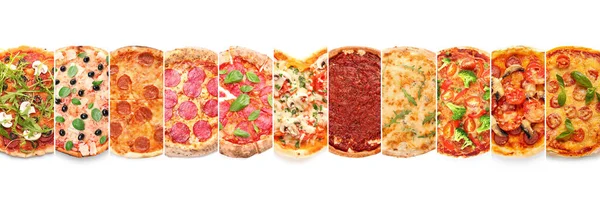 Collage Con Muchas Pizzas Diferentes Sobre Fondo Blanco Vista Superior —  Fotos de Stock