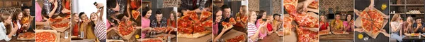 Kollázs Fiatalokkal Akik Jól Érzik Magukat Partin Finom Pizzával — Stock Fotó