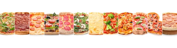 Beyaz Arka Planda Birçok Farklı Pizzaya Sahip Kolaj — Stok fotoğraf