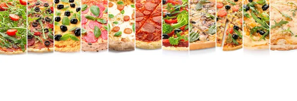 Kolaż Wieloma Różnymi Pizzami Białym Tle — Zdjęcie stockowe