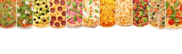 Colagem Com Muitas Pizzas Diferentes Fundo Branco Vista Superior — Fotografia de Stock