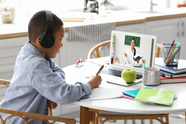 Little African American Boy Headphones Studying Home Concept Online Education — Stock Photo, Image