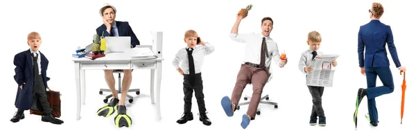 Колаж Смішних Дорослих Маленьких Бізнесменів Білому Тлі — стокове фото