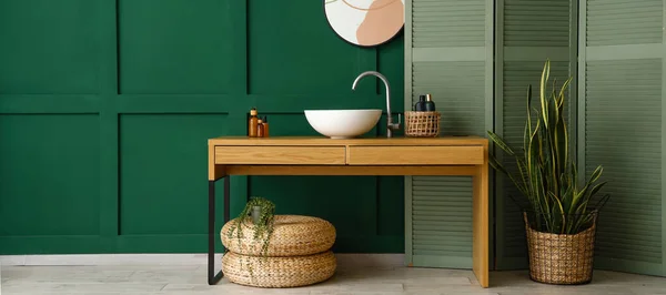 Interior Stylish Bathroom Sink Mirror Wooden Stand Folding Screen Banner — Stock Photo, Image
