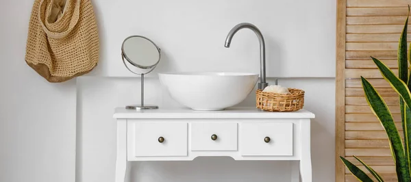 Table Sink Mirror Basket Light Wall Bathroom — Stock Photo, Image