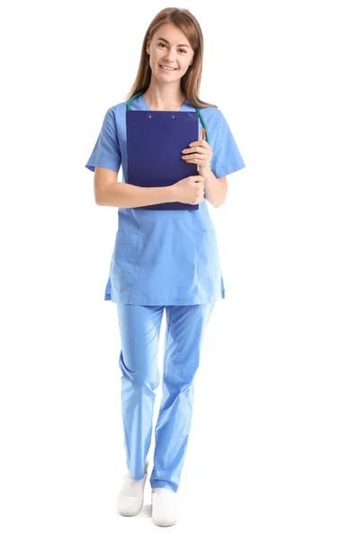 Female Medical Assistant Clipboard White Background — Zdjęcie stockowe