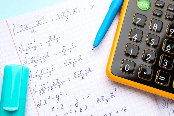 Copybook Maths Formulas Calculator Stationery Blue Background — Stock Photo, Image