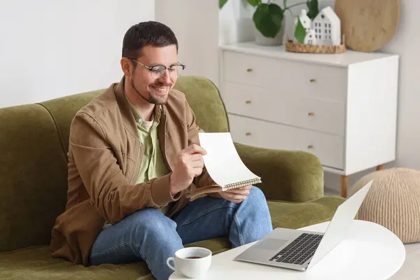 Handsome Man Eyeglasses Notebook Video Chatting Home — Stock Photo, Image