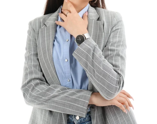 白い背景に隔離された腕時計を持つ若い女性 — ストック写真