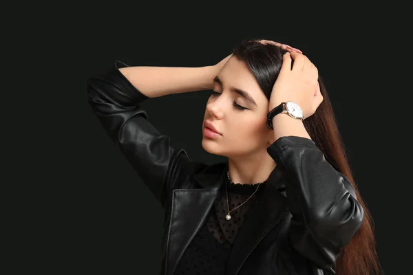 Stylish Beautiful Woman Wristwatch Black Background — Stock Photo, Image