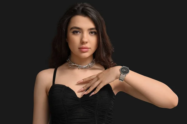 Elegant Beautiful Young Woman Wristwatch Black Background — Stock Photo, Image