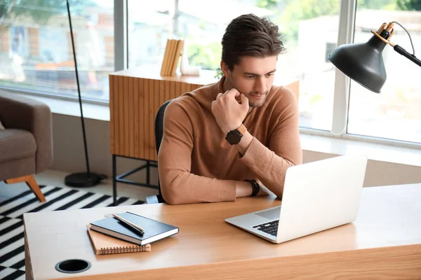 Stylish Young Man Wristwatch Working Laptop Table Office Closeup — Stock Photo, Image