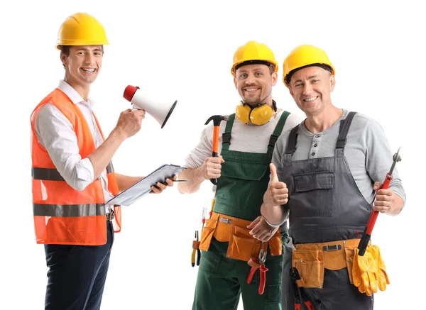 Team Männlicher Bauarbeiter Auf Weißem Hintergrund — Stockfoto