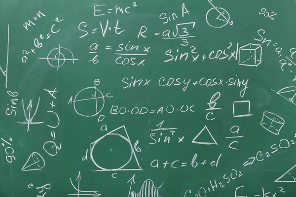 Different Drawn Geometric Figures Math Formulas Green Chalkboard — Stock Photo, Image