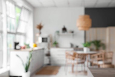 Beyaz tezgahlı, yemek masalı ve büyük pencereli aydınlık mutfağın içi bulanık görünüyor.