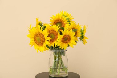 Odadaki bej duvarın yanındaki masada güzel ayçiçekleri olan vazo.