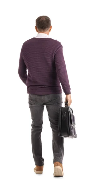Reifer Geschäftsmann Mit Aktentasche Auf Weißem Hintergrund Rückseite — Stockfoto