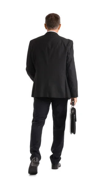 Mature Businessman Briefcase Walking Away White Background Back View — Stock Photo, Image