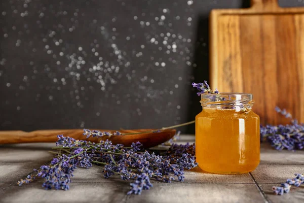 Jar Sweet Lavender Honey Flowers Grey Tile Table — Photo