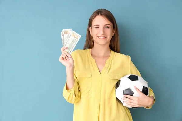 Young Woman Soccer Ball Money Blue Background Sports Bet Concept — Stock Photo, Image