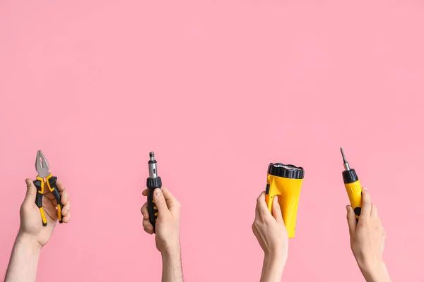 Electrician Hands Tools Pink Background — 스톡 사진