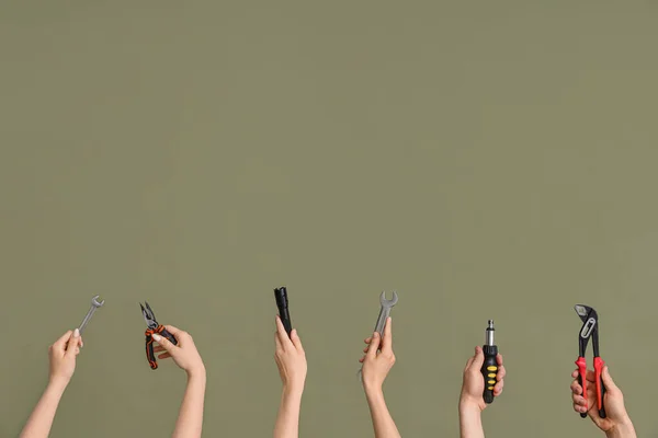 Electrician Hands Tools Green Background — 스톡 사진
