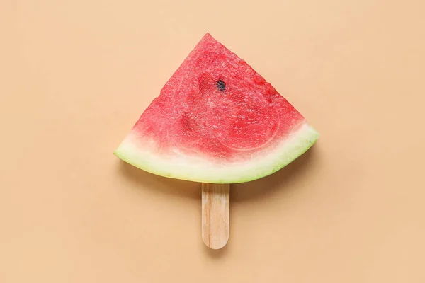 Tasty Ripe Watermelon Stick Beige Background — Stock Photo, Image