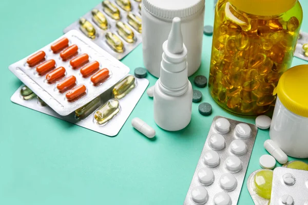 Různé Pilulky Láhve Léků Modrém Pozadí — Stock fotografie