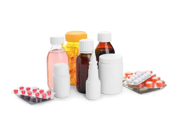 Различные Таблетки Бутылки Лекарствами Белом Фоне — стоковое фото