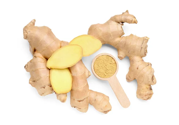 Fresh Ginger Roots Wooden Spoon Dried Powder White Background — Stock Photo, Image