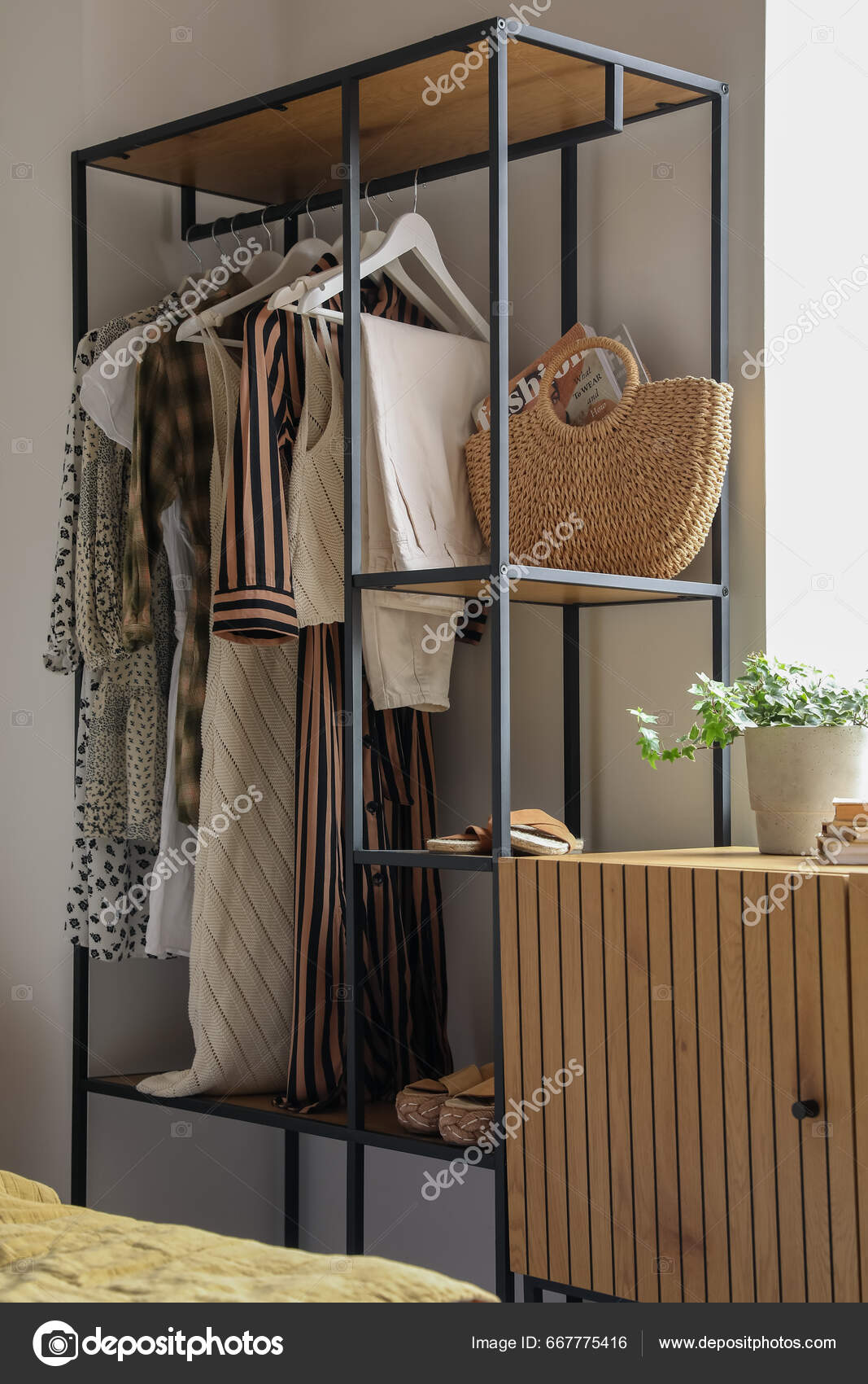 Shelving Unit Clothes Shoes Bag Light Bedroom — Stock Photo