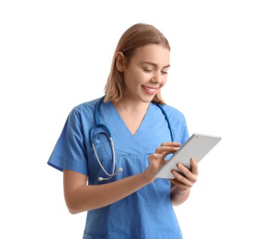 Female intern with tablet computer on white background