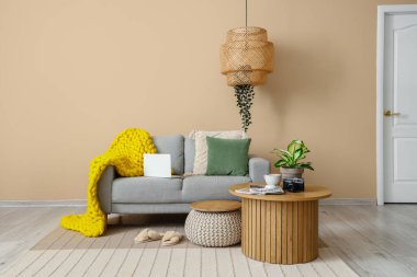 Gri kanepesi ve kahve masası olan rahat bir oturma odası.