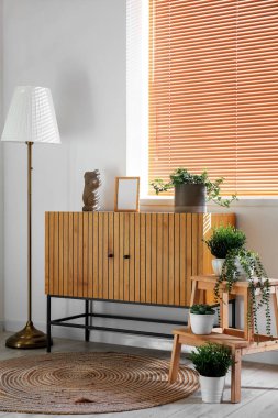 Odanın içinde ahşap klozet, ev bitkileri ve merdiven var.