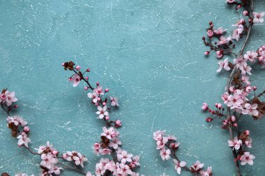 Grunge arkaplanındaki çiçek açan dallardan oluşan çerçeve