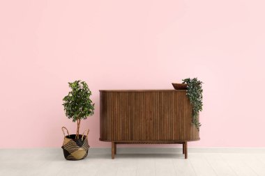 Odada pembe duvarın yanında bitkiler olan modern çekmeceler.