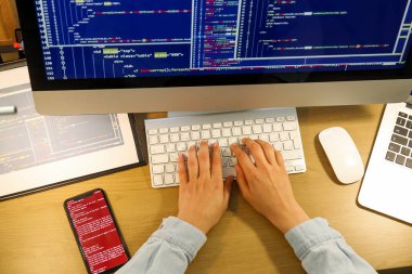 Ofiste bilgisayarla çalışan kadın programcı, üst görünüm