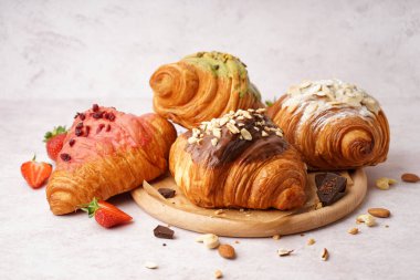 Farklı tatlı kruvasanları ve beyaz arka planda çilekleri olan ahşap bir tahta tahta.
