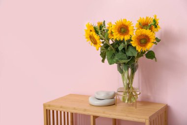 Güzel ayçiçekleri ve taşları olan vazo pembe duvarın yanındaki odada.