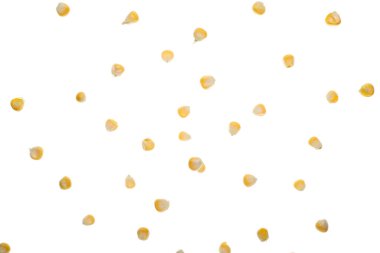 Uçan mısır taneleri beyaz arkaplanda izole edildi