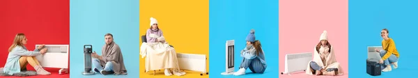 Set Von Frierenden Menschen Und Tragbaren Elektrischen Heizungen Auf Farbigem — Stockfoto