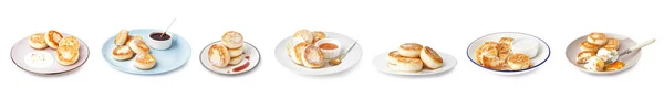 Set Tasty Cottage Cheese Pancakes Isolated White — Zdjęcie stockowe