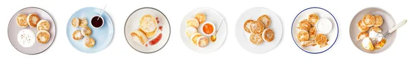 Set Von Leckeren Hüttenkäse Pfannkuchen Isoliert Auf Weiß Von Oben — Stockfoto