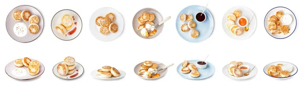 Set Von Leckeren Quark Pfannkuchen Auf Weißem Hintergrund — Stockfoto