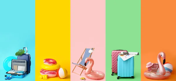 Group Beach Accessories Packed Suitcases Color Background — Stock Photo, Image