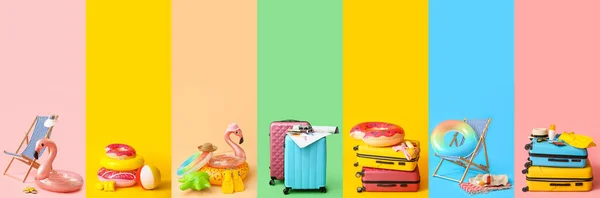 Collection Beach Accessories Packed Suitcases Color Background — Stock Photo, Image