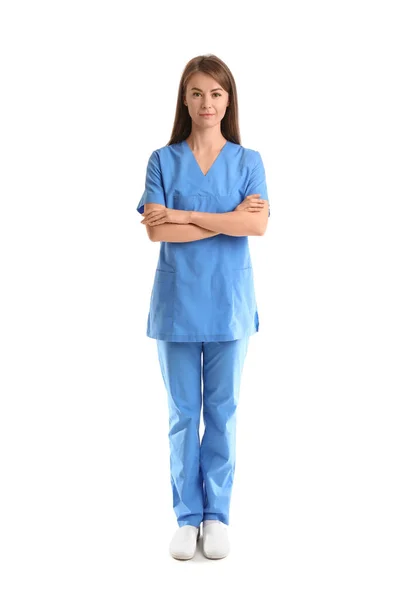 Beyaz Arka Planda Mavi Üniformalı Kadın Tıp Asistanı — Stok fotoğraf